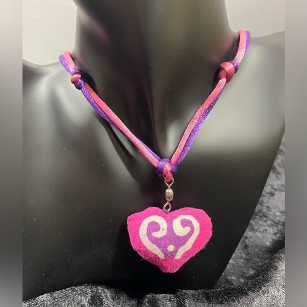 Pink Purple Dual Sided Fabric Artisan Hand Painted Heart Pendant Satin Necklace